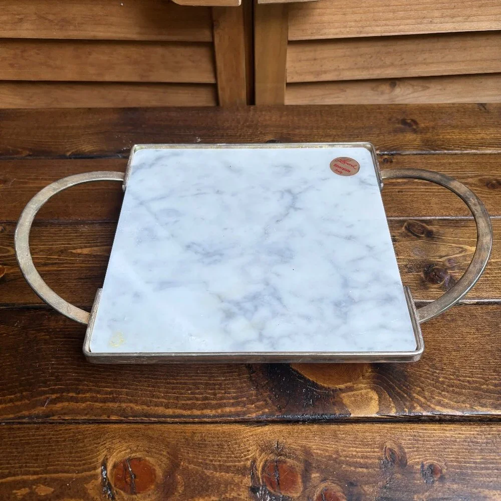 Leonard Silverplate Italy Marble & Silver Serving Tray‎ with Handles